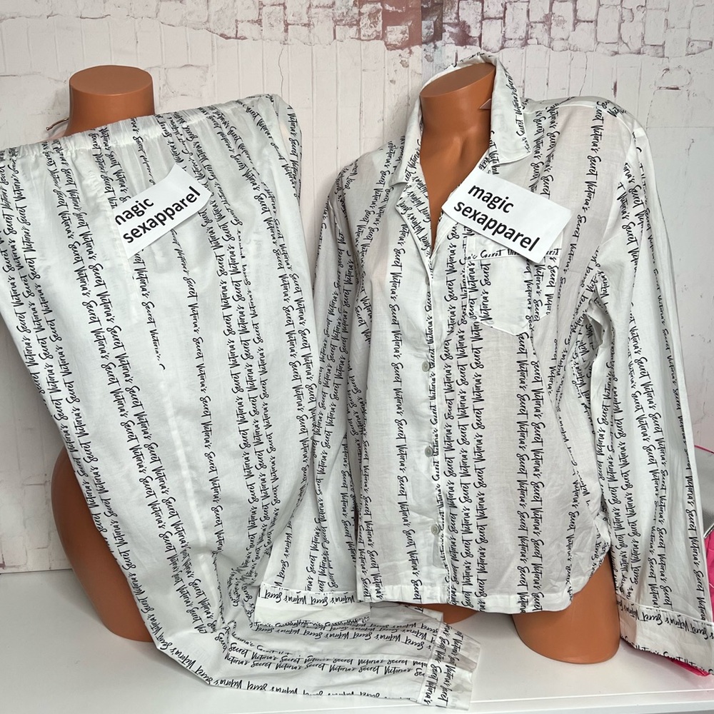 VS XL LOGO 2 PC PAJAMAS SET 100% COTTON LONG-SLEEVE BUTTON-UP DRAWSTRING WHITE